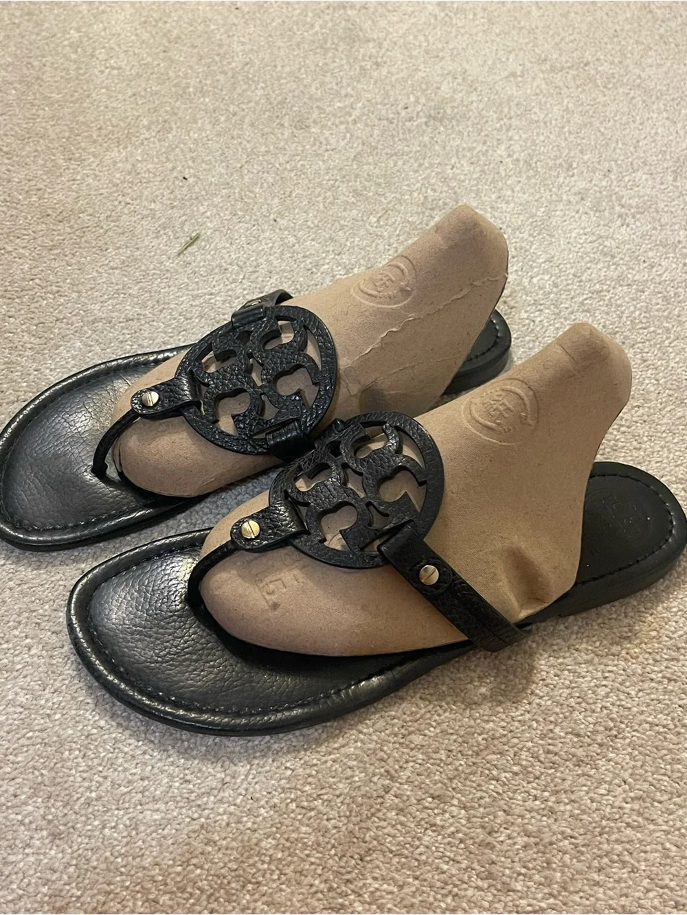 Tory Burch Black Leather Cutout Logo Thong Sandals